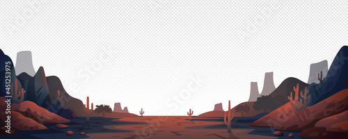 Fototapeta Naklejka Na Ścianę i Meble -  Canyon landscape background. Panoramic landscape with desert mountains on transparent background. Vector illustration in flat cartoon style.