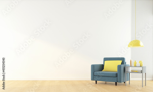 Fototapeta Naklejka Na Ścianę i Meble -  Empty room with armchair and side table, white wall and wood floor. 3d rendering