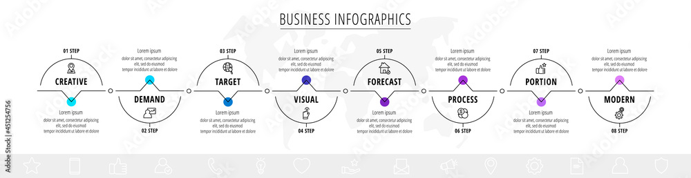 Vector line infographics template for eight arrows and icons. Business concept with 8 elements. Modern blank space for chart, content, step for step, timeline, diagram, web Vector line infographics template for eight arrows and icons. Business concept with 8 elements. Modern blank space for chart, content, step for step, timeline, diagram, web