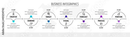 Vector line infographics template for 7 arrows and icons. Business concept with seven elements. Modern blank space for chart, content, step for step, timeline, diagram, web