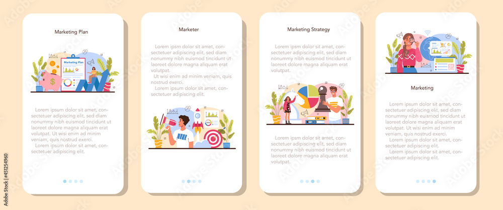Marketer mobile application banner set. Marketing strategy and communucation