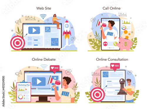 Marketer online service or platform set. Marketing strategy and communucation