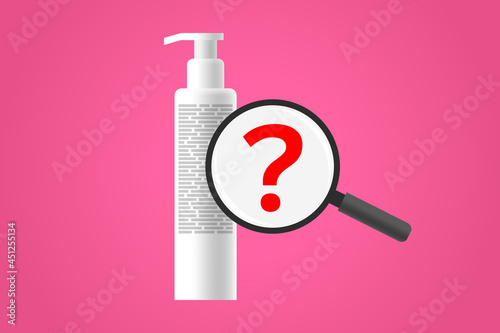 Cosmetic bottle and magnifier with question mark over ingredients