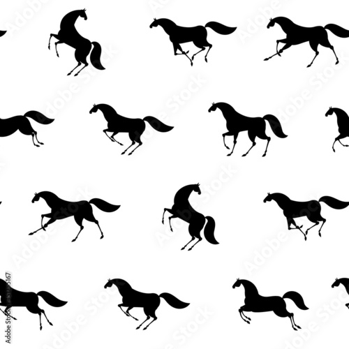 Seamless vector pattern with black silhouettes of horses in various poses on a white background