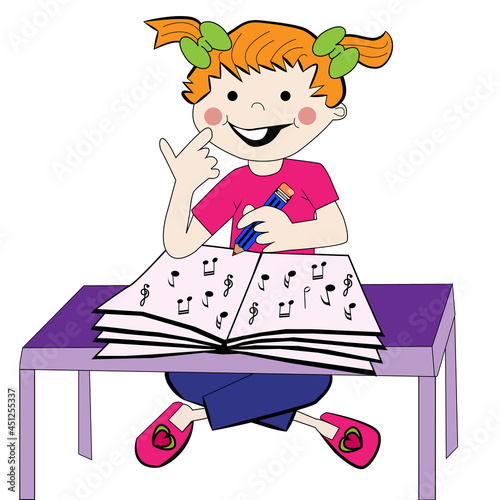 Niña feliz estudiando con un libro de música.
