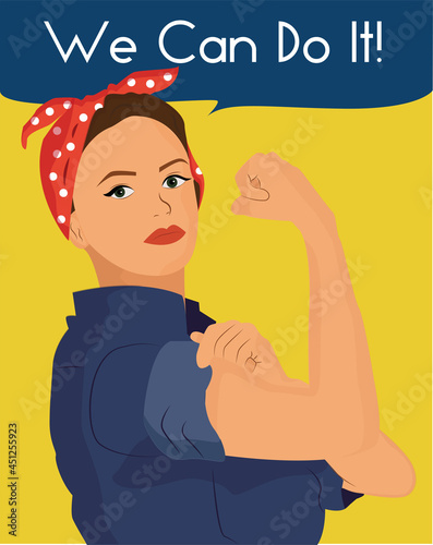 Strong woman. Woman power. We can do it. Retro poster. Yellow background.