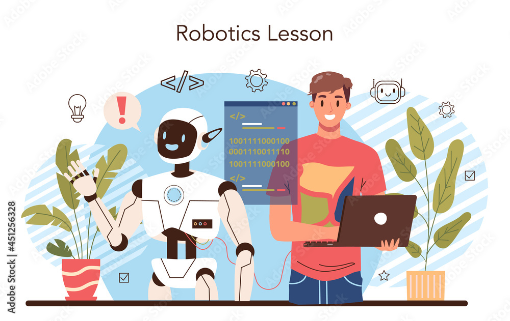 Robotics school course concept. Robotic engineering and constructing lesson