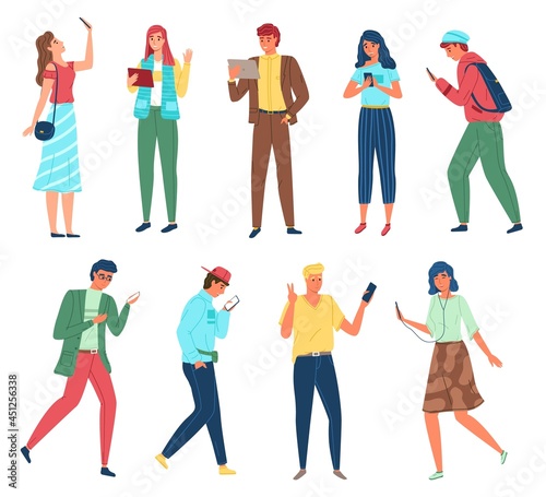 People with gadgets. Walking persons using mobile phones and devices, young men and women holding smartphones and tablets. Listening to music, making selfie, chatting. Vector characters