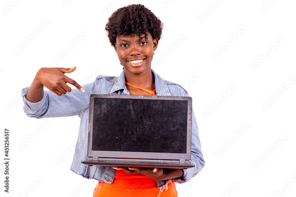 portrait of a young student presenting laptop, smiling. portrait of a young student presenting laptop, smiling.