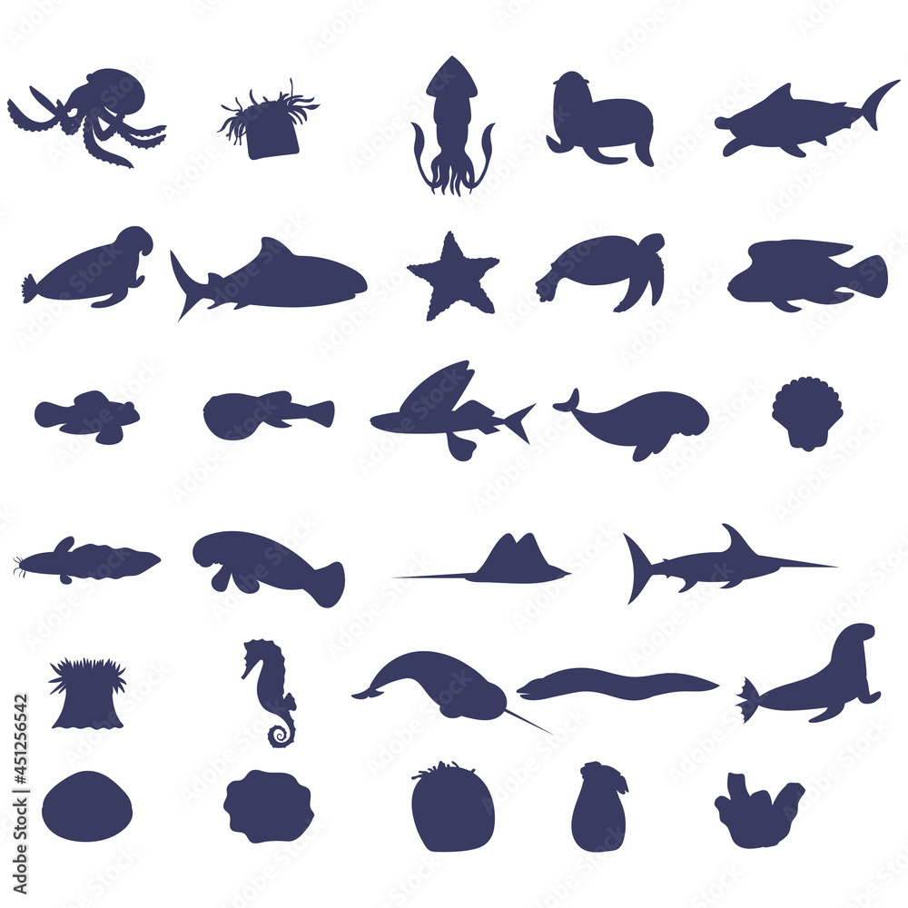 Obraz premium Set of sea animal silhouette on white background. Collection of underwater life design element. Vector marine cartoon drawing. Part 2