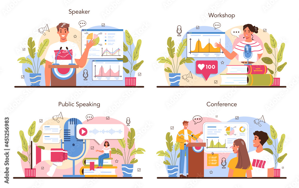 Speaker concept set. Rhetoric or elocution specialist speaking