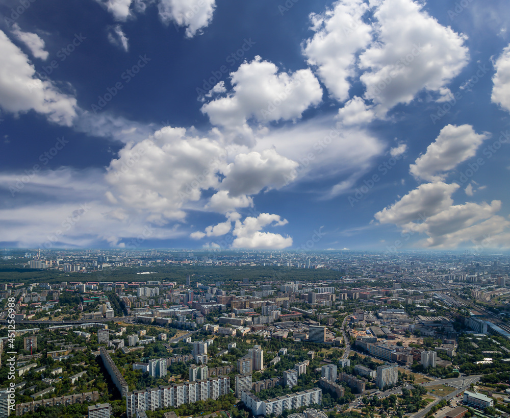 Spectacular aerial view (340 m) of Moscow, Russia. View from Ostankino television tower