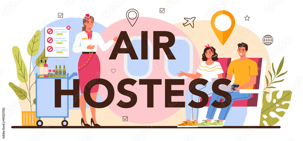 Air hostess typographic header. Flight attendants help passenger