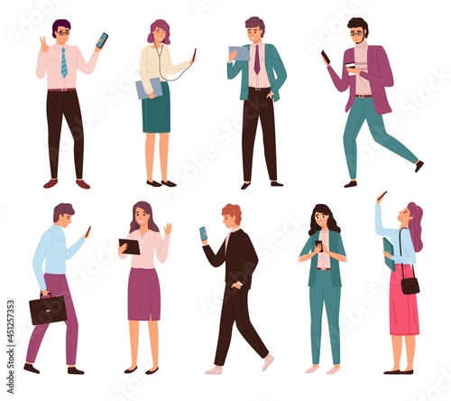 Business people with gadgets. Men and women in biz suits use digital devices, laptop, tablet and smartphones. Contracts online, texting on phone and chatting vector cartoon isolated set