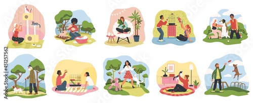 People with pets. Happy owners domestic animals with dogs, cats and mini pigs, little hamsters, parrot and iguana. Men, women and kids take care, play and walk with their pet vector set