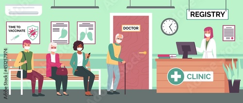 Doctor office queue. Patients waiting their turn for vaccination or consultation, hospital corridor with seating seats, people in medical masks, nurse on aid reception vector concept