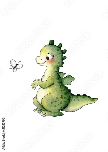 Cute baby dragon is curiously and happily looking at the butterfly and smiling.