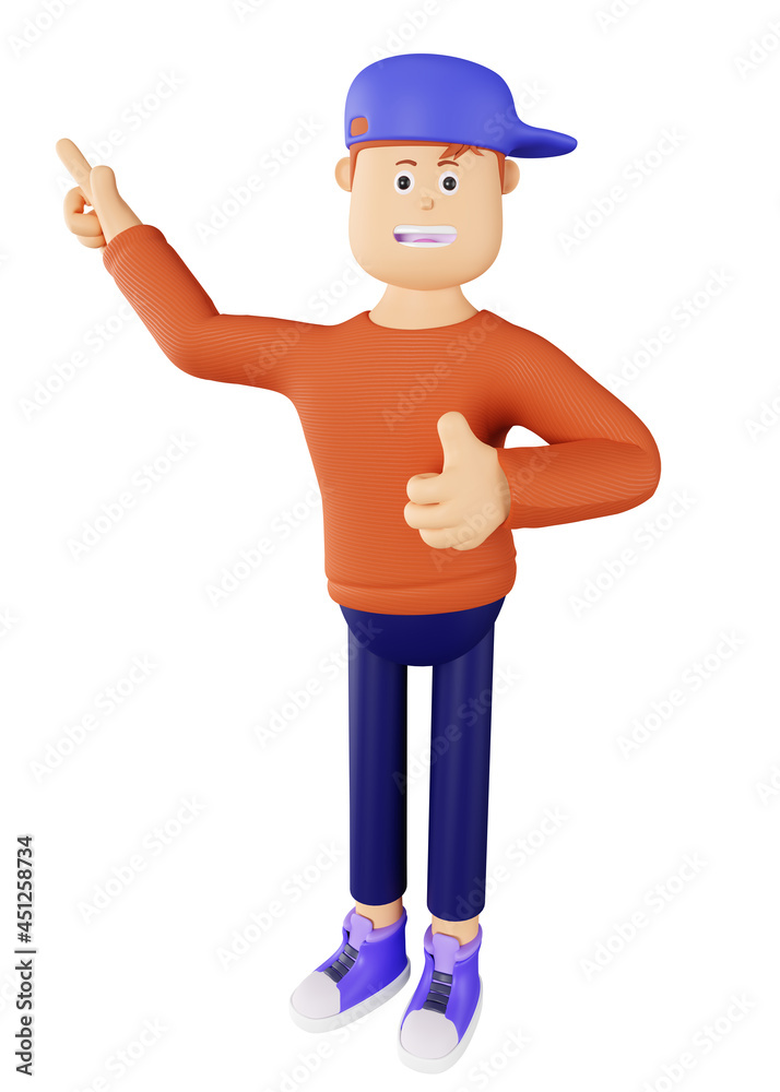 Young cartoon character in an orange sweater and cap, isolated. 3d character shows a thumbs up. Cartoon character points his finger at an empty space. 3d render for advertising