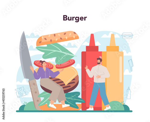 Fast food, burger house concept. Chef cook tasty hamburger