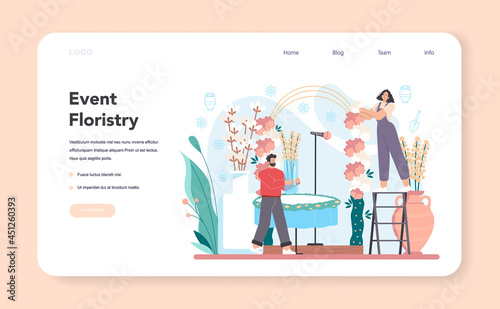 Event floristry web banner or landing page. Floral designer making bouquet