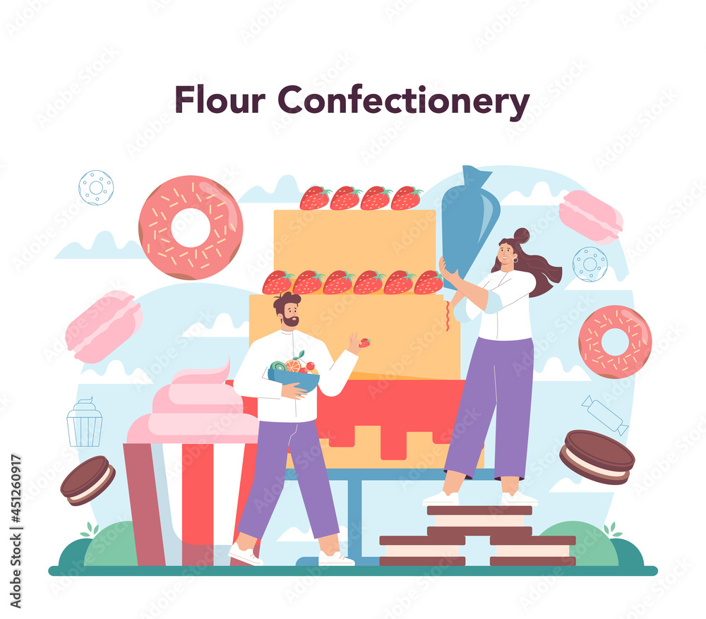 Confectioner concept. Professional pastry chef. Sweet baker cooking pie