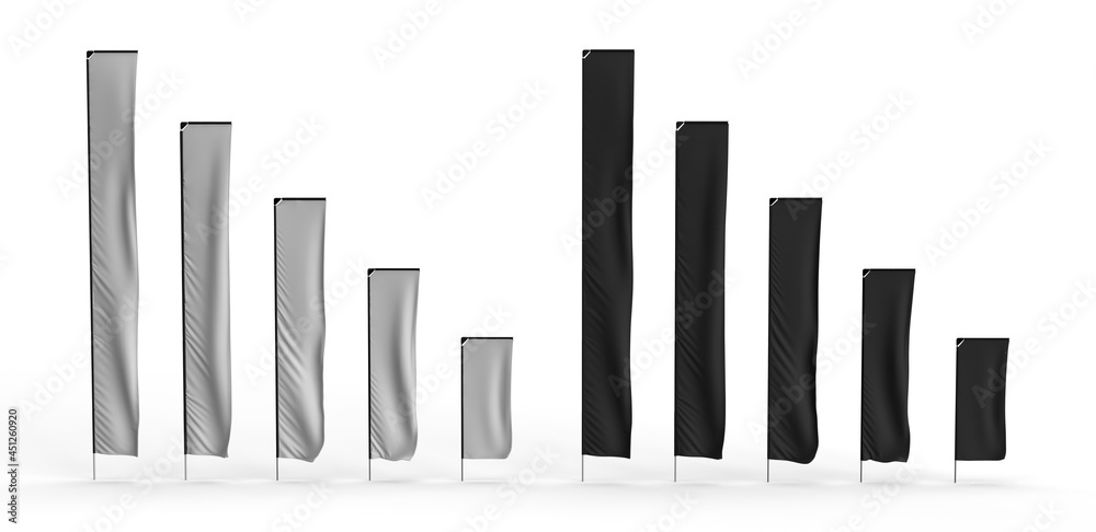 Outdoor Feather Flag Series Range in both black and white isolated on a white background. Ready for Mockup, Product Advertising. 3D Illustration Outdoor Feather Flag Series Range in both black and white isolated on a white background. Ready for Mockup, Product Advertising. 3D Illustration