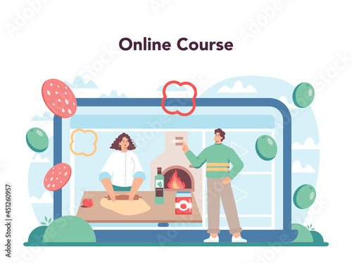 Pizzeria online service or platform. Chef cooking tasty delicious pizza