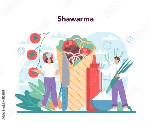 Shawarma street food concept. Chef cooking delicious roll with mea
