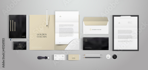 Golden Column Logo and Corporate Style Mockup Bundle. Top View Stationery Branding Set with Premium Colors and Elements. Folder and Letter, Business Card and Envelope. Realistic Image for Strict Firm.