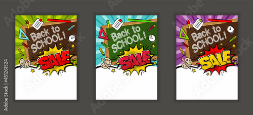 Back to School Sale Comic banners in popart style with an empty field for text. Explosion and school items on a bright ray background. Set of Blanks for an advertising offer or poster. Vector template