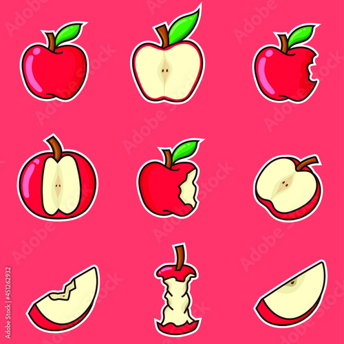Apple set vector illustration. red apples with outline. sliced and bitten apple collection