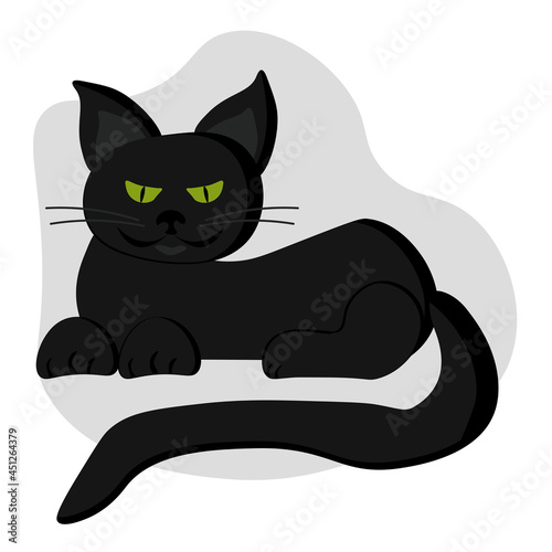Black cat in cartoon style, cute pet lying, mystical animal with bright green eyes