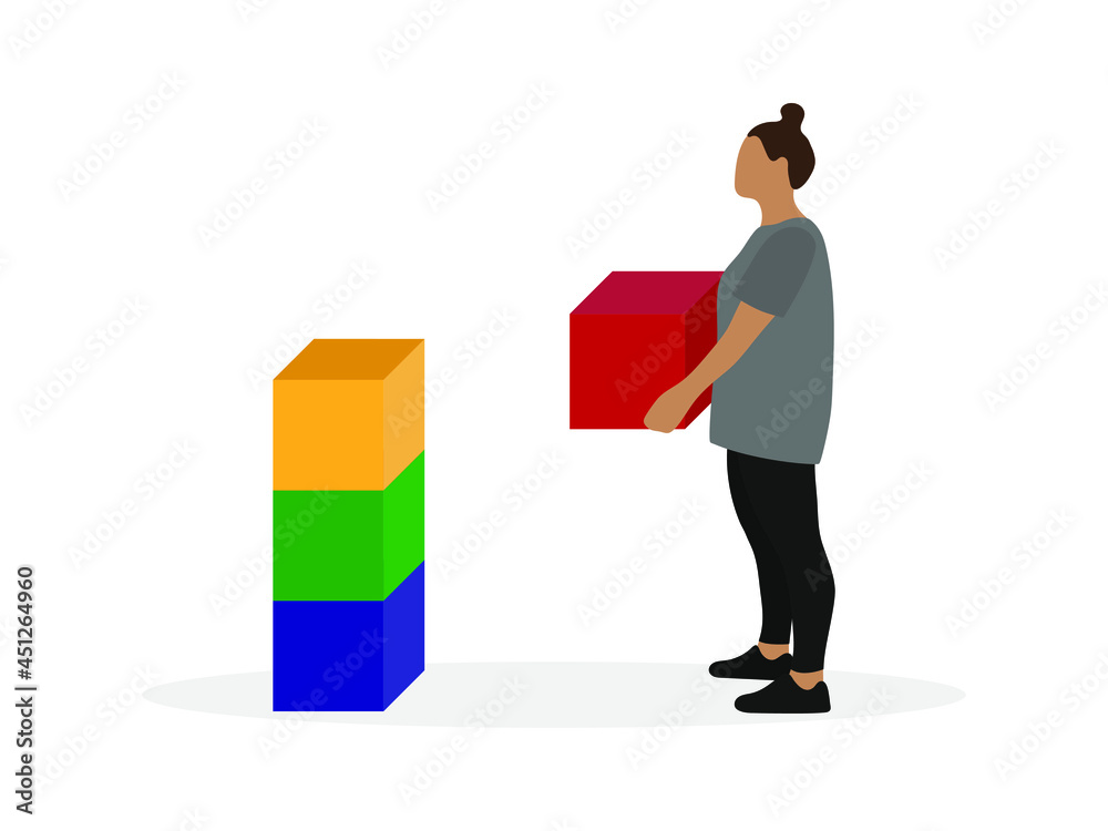 Female character with a large cube in her hands stands in front of a tower of cubes on a white background Female character with a large cube in her hands stands in front of a tower of cubes on a white background