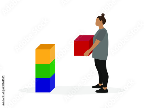Female character with a large cube in her hands stands in front of a tower of cubes on a white background