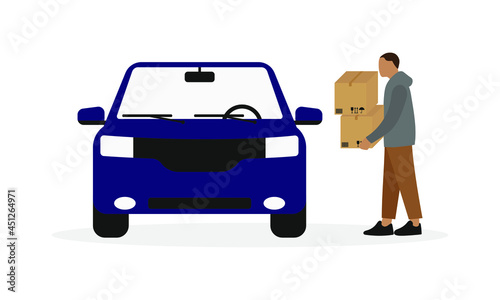 A male character with two cardboard boxes in his hands stands near a car on a white background © Tatyana
