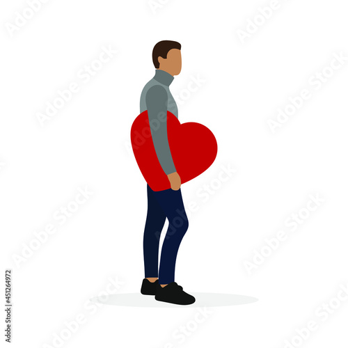 Male character with a big red heart in his hands stands on a white background
