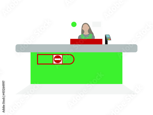 Checkout counter in supermarket with cashier on white background