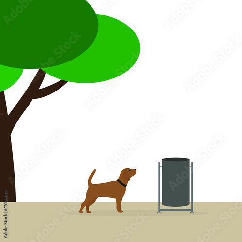 Dog sniffing trash can outdoors