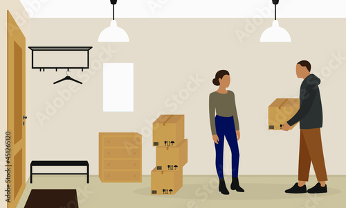 Female character and male character with cardboard boxes in hallway