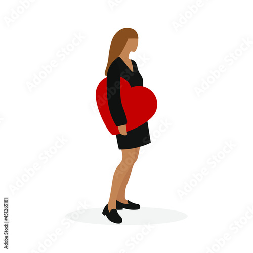 Female character with a big red heart in her hands stands on a white background