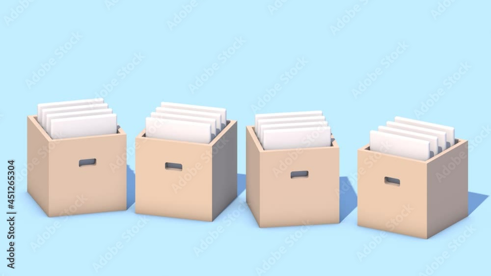 3D animation of an office boxes with folders. Icon on the theme of office work. Job search and resume sending. Animated icon for the business sphere. 3D animation of an office boxes with folders. Icon on the theme of office work. Job search and resume sending. Animated icon for the business sphere.