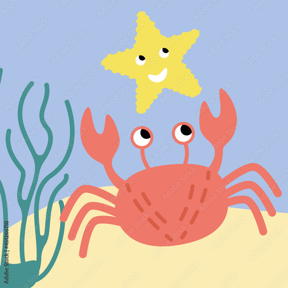 A red crab with claws and a starfish play on the seabed. The short