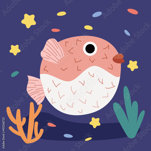 Pink round hedgehog fish with spines.  Fish with needles.  Ocean dwellers and fish in corals and algae.  Vector flat illustration.  Teaching and educating children.