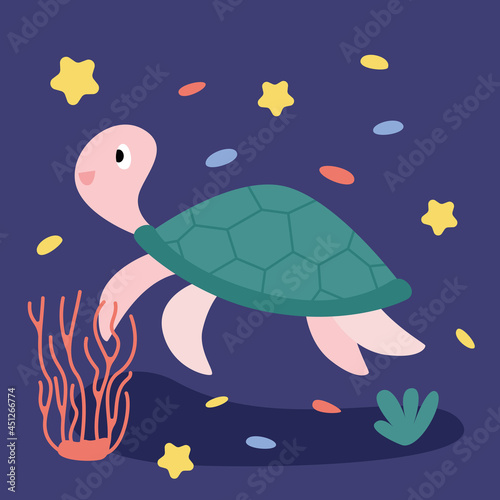 Funny amusing sea turtle isolated on a blue background with starfish and corals.  Cheerful marine reptile, underwater world, sea creature.  Flat vector illustration. © Valeriia Dorofeieva