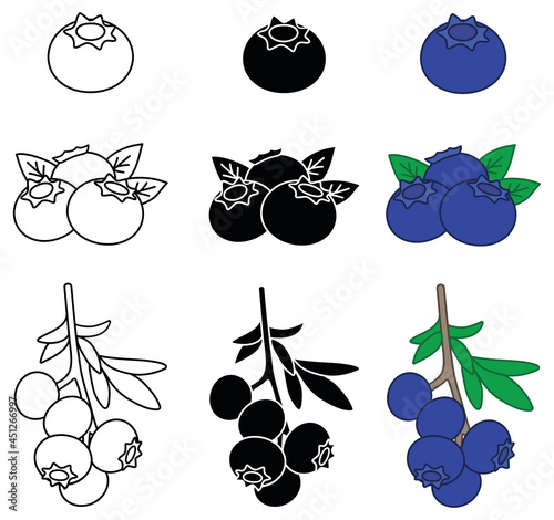 Blueberry Clipart Set - Outline, Silhouette and Colored