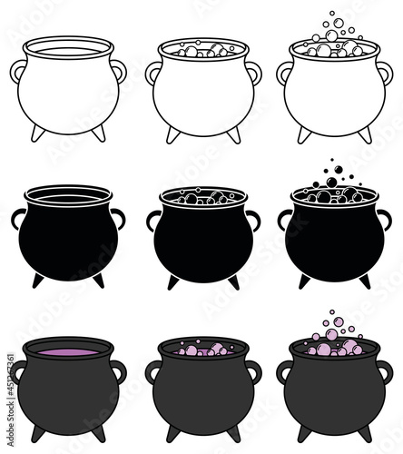 Bubbling Cauldron Clipart Set - Outline and Silhouette