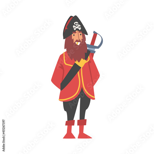 Bearded Man Pirate or Buccaneer Character with Sabre and Hat with Crossed Bones as Marine Robber Vector Illustration