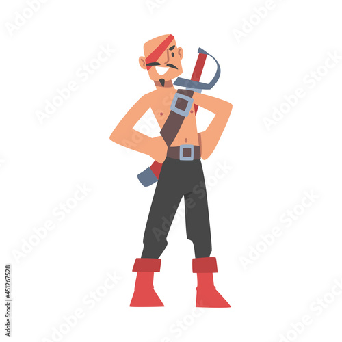 Bald Man Pirate or Buccaneer Character with Sabre and Eye Patch as Marine Robber Vector Illustration