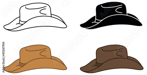 Cowboy Hat From the Side Profile Clipart Set - Outline, Silhouette and Color