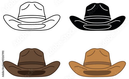 Cowboy Hat From the Front Clipart Set - Outline, Silhouette and Color